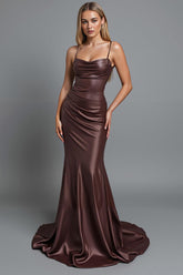 Kaffee Satin Gerafftes Meerjungfrau Spaghettiträger Langes Abendkleid